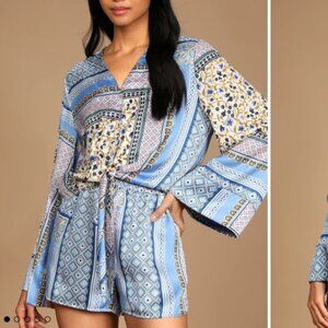 Lulus Moments in Mykonos Blue Scarf Print Shorts and Tie-Front Long Sleeve Top